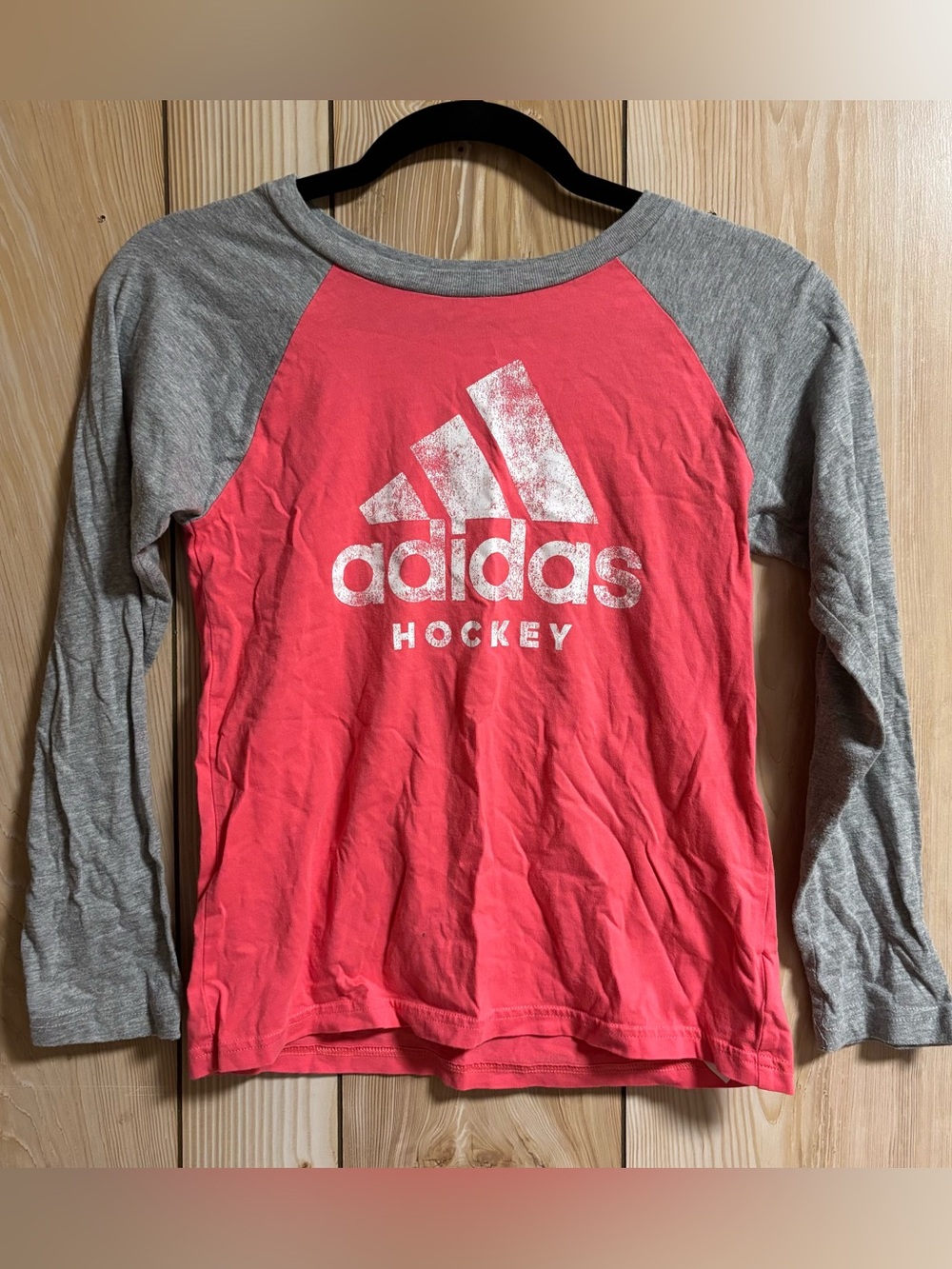 adidas Pink and Gray Raglan Hockey Logo Long Sleeve Tee